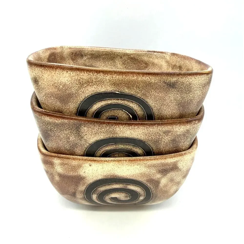 Mara Ceramic Stoneware Set of 3 Square Bowls Sunburst Swirl Design 6
